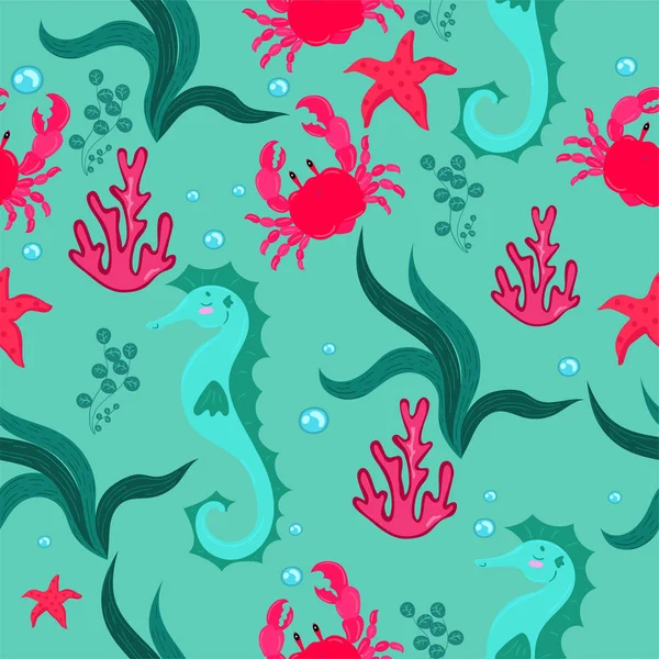 Naadloos patroon met zeepaardjes, krabben, algen en koralen. — Stockvector