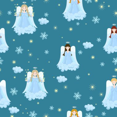 Melekler, yıldızlar, kar taneleri ile dikişsiz doku. vektör görüntüsü