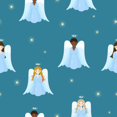 Melekler ve yıldızlar ile dikişsiz doku. vektör görüntüsü
