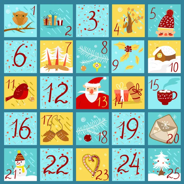 Calendario dell'Avvento in stile doodle. Colori giallo e blu . — Vettoriale Stock