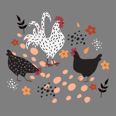 İki horoz ve gri bir arka plan üzerinde bir horoz.