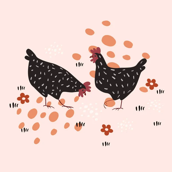 Two hens in the meadow. vector image. eps 10 — Wektor stockowy