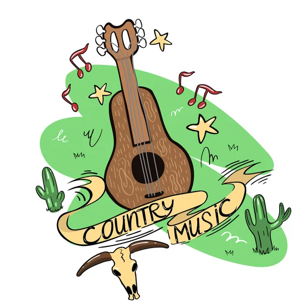 Logo Country s kytarou, kaktusy, lebkou a poznámkami. — Stockový vektor