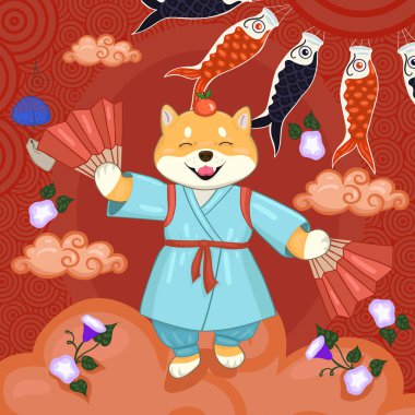 Hayranları ile mavi bir kimono shiba inu ile Banner.
