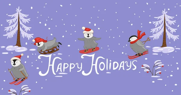 横幅与企鹅与题词-快乐假期。 冬季运动. — 图库矢量图片