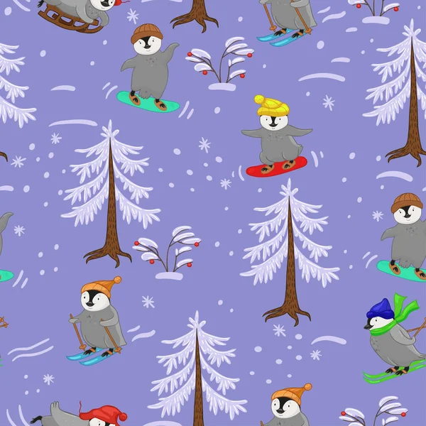 Seamless pattern with winter sports penguins.vector image — 스톡 벡터