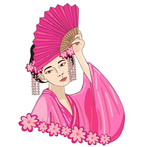 Chica japonesa con un ventilador con un peinado tradicional — Vector de stock