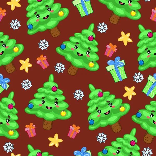 Απρόσκοπτη μοτίβο με χριστουγεννιάτικα δέντρα Kawaii. eps 10 — Διανυσματικό Αρχείο