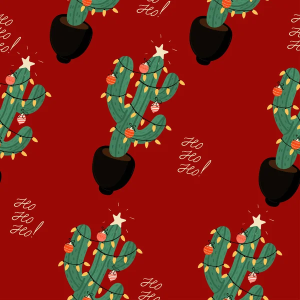 Kerstcactussen. Nieuwjaar naadloos patroon. 10 personen — Stockvector