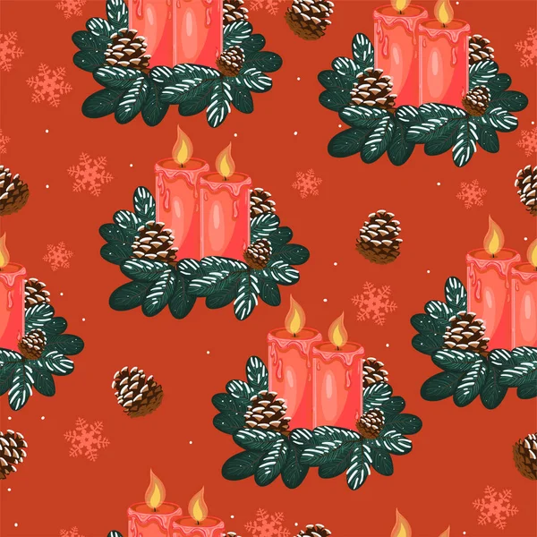 Нежный узор с рождественскими свечами на красном фоне — стоковый вектор