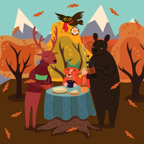 Festa de chá animal na floresta de outono —  Vetores de Stock