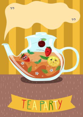 Böğürtlenli çaydanlık. Çay partisi afişi.
