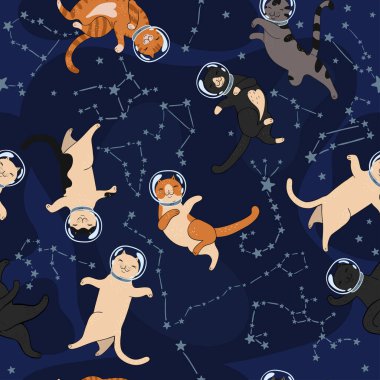 Uzay kedileri ve takımyıldızları kusursuz desen. Vektör grafikleri.