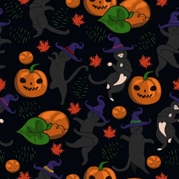 Halloween bailando gatos en sombreros patrón sin costuras. Gráficos vectoriales . — Vector de stock