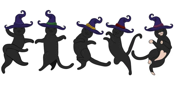 Conjunto de gatos dançando Halloween em chapéus . —  Vetores de Stock