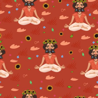 Yogi ve çiçeklerle kusursuz desen. Vektör grafikleri.