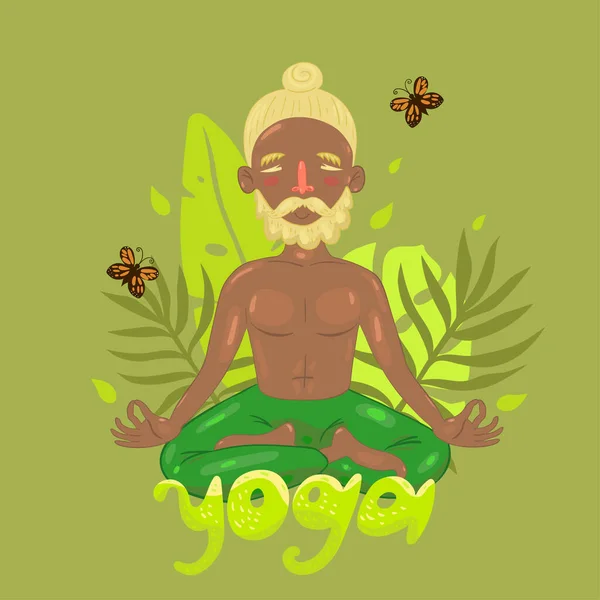 Człowiek w pozycji lotosu na zieleni i napis joga — Wektor stockowy
