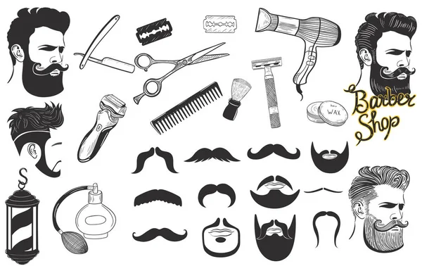 Conjunto de carteles e iconos para barbería aislados sobre fondo blanco. Gráficos vectoriales . — Archivo Imágenes Vectoriales