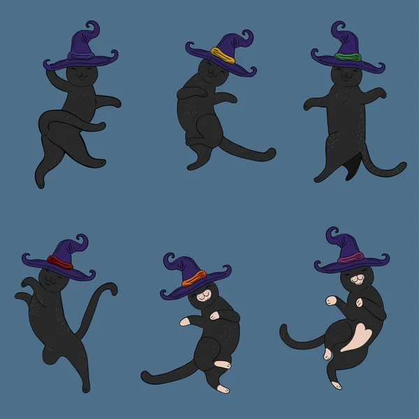 Set di gatti neri con cappelli da strega . — Vettoriale Stock