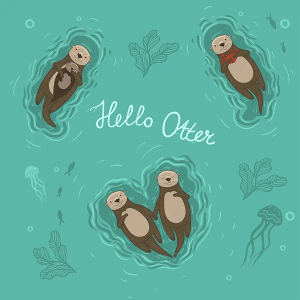 Gruppe von Seeottern schwimmt auf dem Rücken — Stockvektor