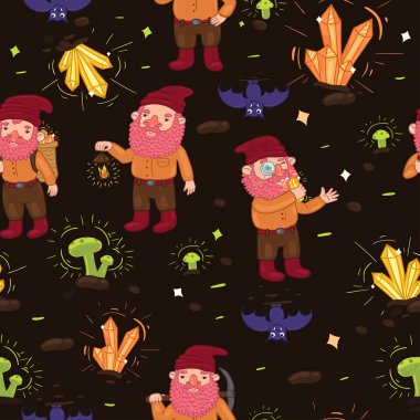 Bir mağarada cüceler ve elmaslarla kusursuz desen. Vektör grafikleri.