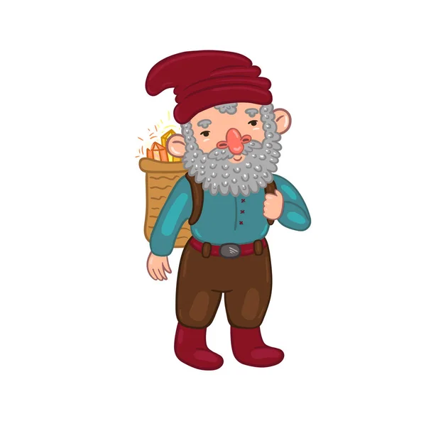 Lutin avec un panier de diamants Isolé sur fond blanc. Graphiques vectoriels . — Image vectorielle