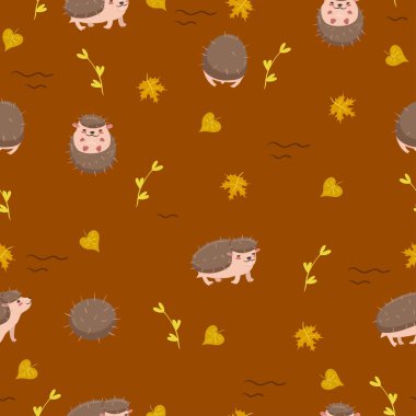 Kahverengi arka planda, dikişsiz desenli şirin kirpiler. Vektör grafikleri.