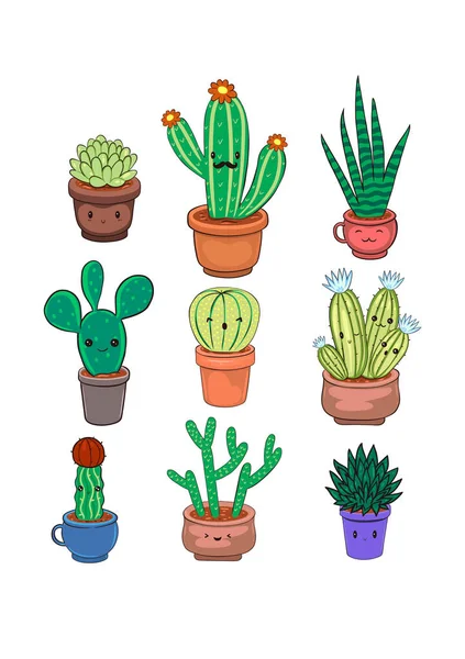 Wenskaart Met Kawaii Cactussen Een Witte Achtergrond Vectorafbeelding — Stockvector