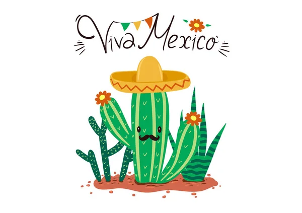 Открытка Кактусами Надписью Viva Mexico Векторное Изображение — стоковый вектор