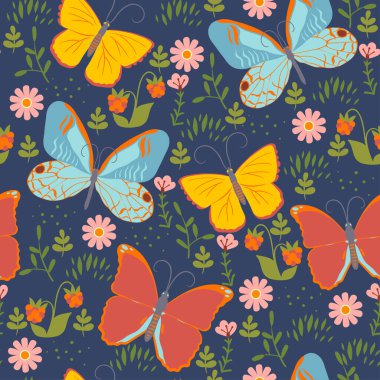 Kelebekler ve çiçeklerle kusursuz desen. Vektör resmi