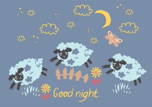 Плакат Милыми Сонными Ягнятами Прыгающими Через Забор Векторное Изображение — стоковый вектор