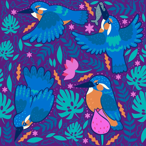 Nahtloses Muster Mit Eisvögeln Auf Violettem Hintergrund Vektorbild — Stockvektor