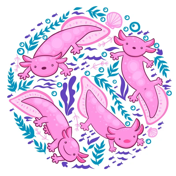 Beyaz arka planda bir axolotl ve sualtı elementleri koleksiyonu. Vektör resmi