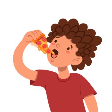 Pizza yiyen çocuk beyaz bir arka planda izole edilmiş. Vektör resmi