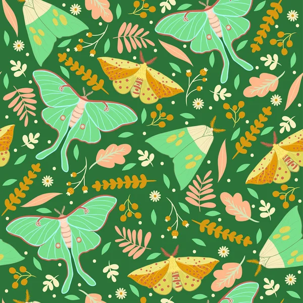 Seamless Pattern Moths Green Background Vector Image — Stock Vector