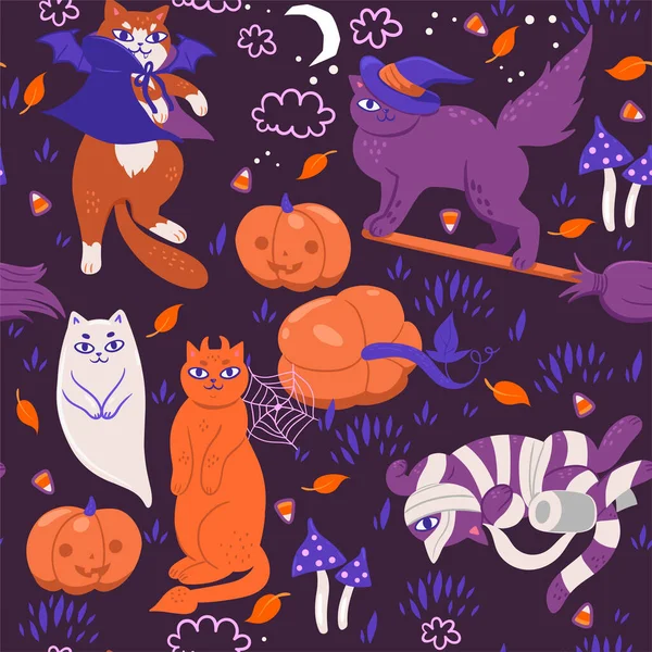 Patrón Sin Costuras Con Gatos Halloween Imagen Vectorial — Archivo Imágenes Vectoriales