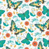 Bezešvé vzory s motýly a květinami. Vektorový obrázek