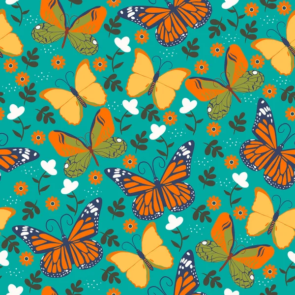 Kelebekler Çiçeklerle Kusursuz Desen Vektör Resmi — Stok Vektör