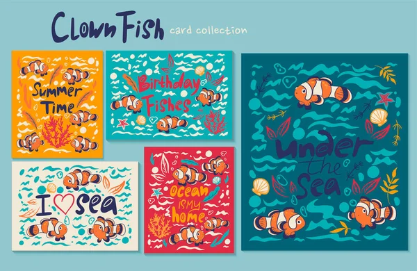 Colección Tarjetas Con Peces Payaso Varias Inscripciones Imagen Vectorial — Vector de stock