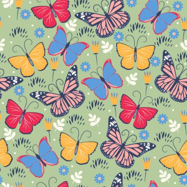 Kelebekler ve çiçeklerle kusursuz desen. Vektör resmi