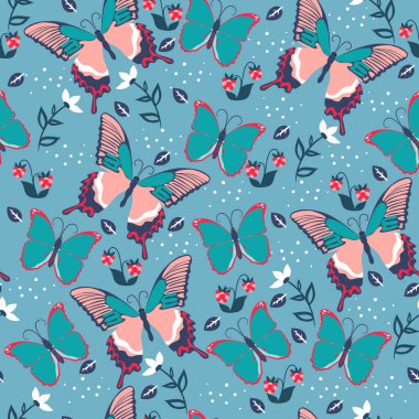 Kelebekler ve çiçeklerle kusursuz desen. Vektör resmi