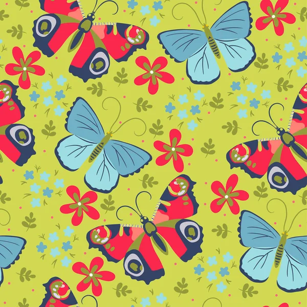 Kelebekler Çiçeklerle Kusursuz Desen Vektör Resmi — Stok Vektör