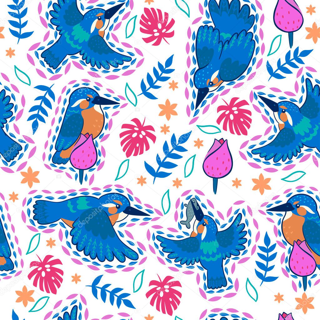 Kingfisher seamless pattern on white background. Vector image