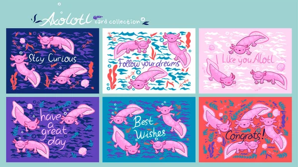 Conjunto Tarjetas Lindas Con Axolotl Con Inscripciones Divertidas Imagen Vectorial — Vector de stock