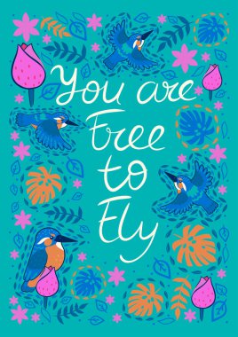 Balıkçıların olduğu tebrik kartı ve seninle birlikte yazıtlar uçmakta özgürdür. Vektör resmi