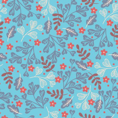 Mavi arka planda çiçek unsurları olan kusursuz bir desen. Vektör resmi