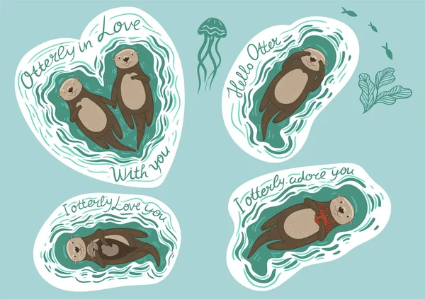 Set Stickers Sea Otters Inscriptions Vector Image — Stock Vector