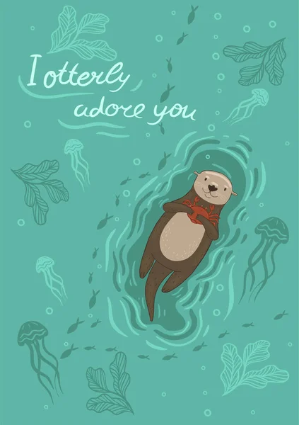 Postcard Sea Otter Crab Inscription Otterly Adore You Vector Image — Stock Vector