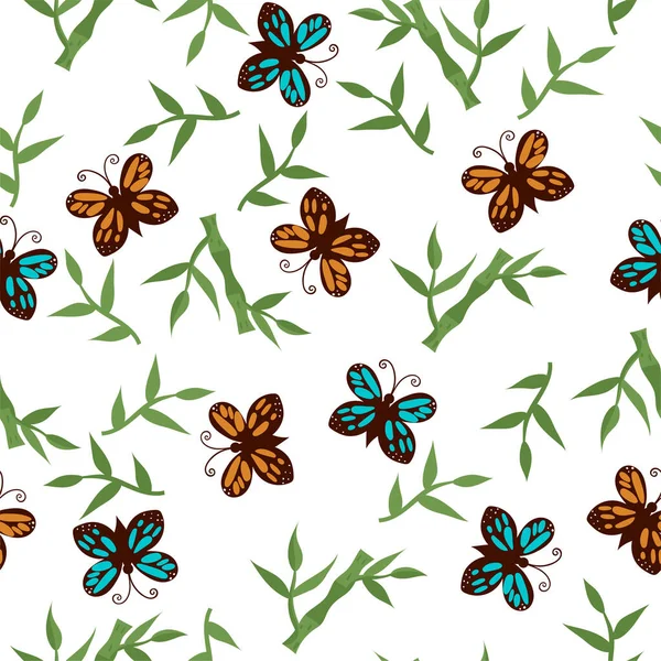 Seamless Pattern Butterflies Bamboo White Background Vector Image — Stock Vector