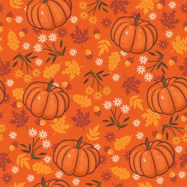 Çiçekli, sonbahar yapraklı ve balkabaklı kusursuz desen. Vektör resmi.